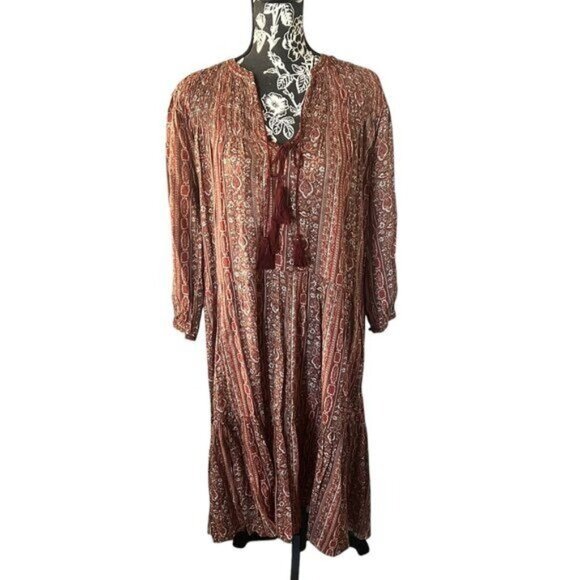 DÔEN Normandy Dress Small Tasseled Paisley Flowy Brown Red Dress
